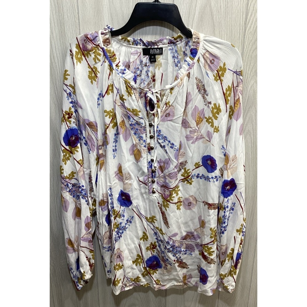 A.N.A. Women's (Size 2X) Long Sleeve Tie Neck Floral‎ Shirt Button Accent